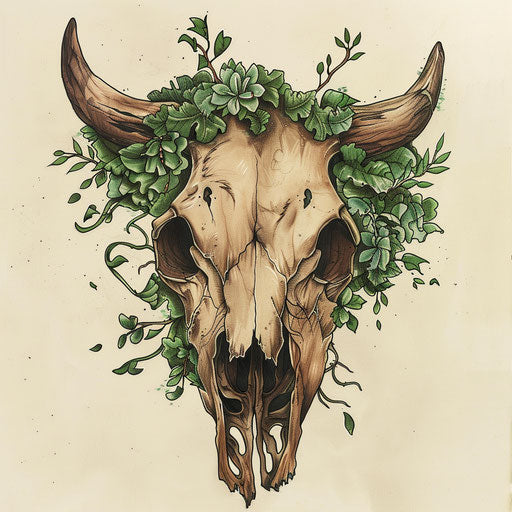 Nature-inspired tattoo sketch of a cow skull with green leaves and wood texture in earthy colors