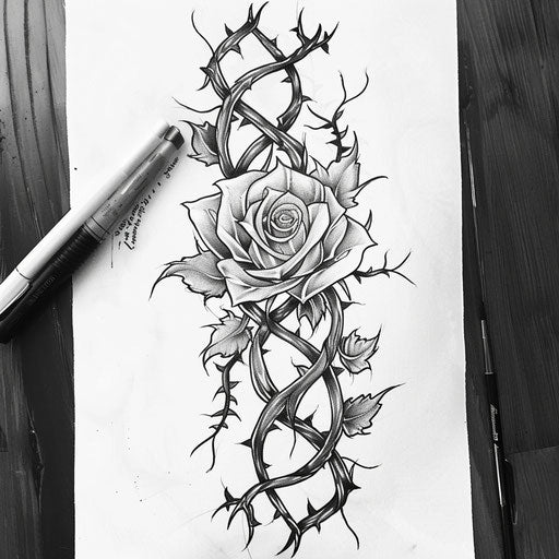 Flat tattoo sketch of a rose with thorny vine wrapping in a Celtic knot pattern