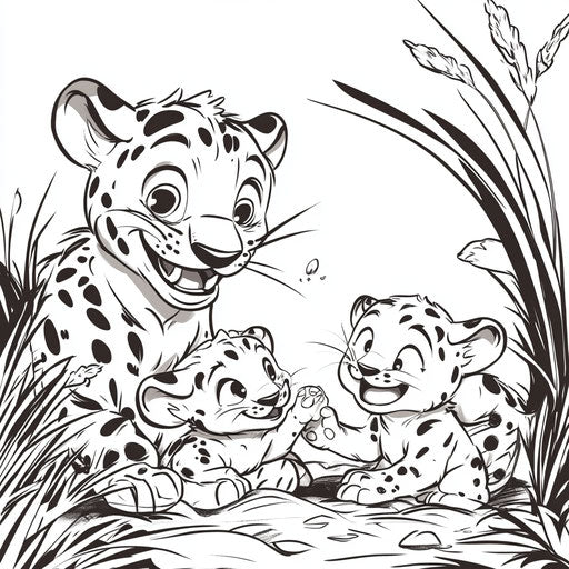 Cartoon jaguar playing with cubs, Mamoru Hosoda style, coloring page