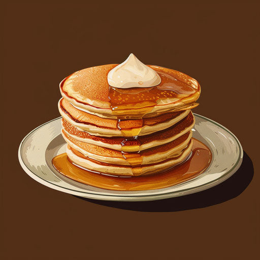 Pancake clipart in photo realistic style with a flat random background, metallic sheen and realistic textures