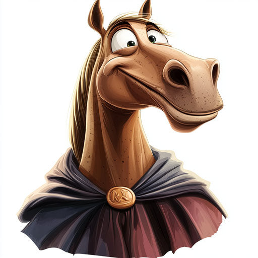 Humorous caricature of a horse head with human characteristics, exaggerated chin, big hands, cape, vibrant colors, cartoon style, winking, high-res, no background, isolated -c 40