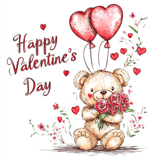 Adorable teddy bear with roses and heart balloons