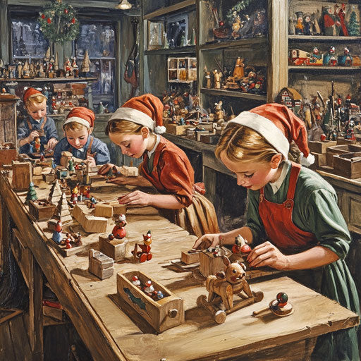 1930s toy workshop, elves hand-painting wooden toys for Christmas
