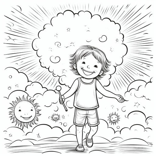 Happy summer for kids coloring pages, minimalist black and white style, captivating