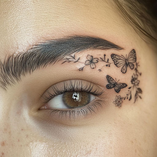Brow tattoo surrounded by delicate butterflies and floral elements