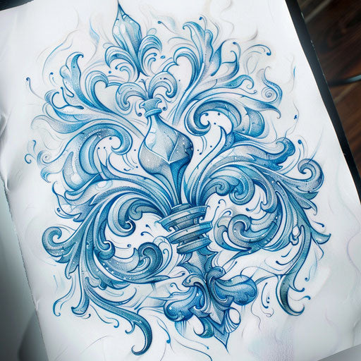 Dynamic sketch of a fleur de lis with swirling wind elements and cool blue tones