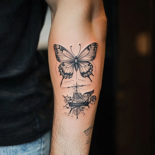Butterfly tattoo on arm with nautical elements, Sailor Jerry style