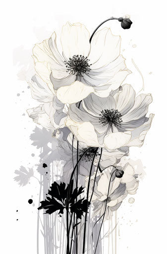 Black and white drawing of flowers, harsh graphic lines style