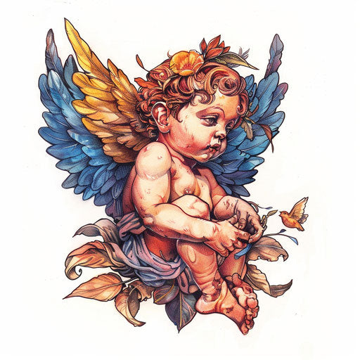 Cherub tattoo design with a surrealistic twist