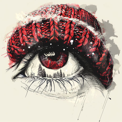 Cozy tattoo sketch of an eyeball with a knitted winter cap
