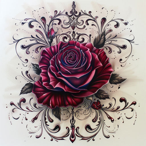 Elaborate tattoo design of a red rose with intricate filigree and deep burgundy colors