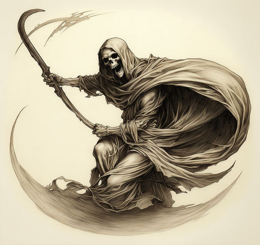 Grim reaper tattoo sketch, slaying with scythe, trapped emotions
