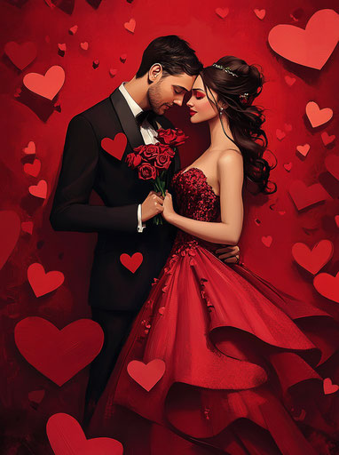Elegant couple surrounded by red hearts, romantic atmosphere