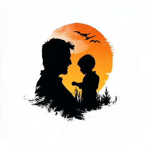 Beautiful flat tattoo sketch of father and child at sunset