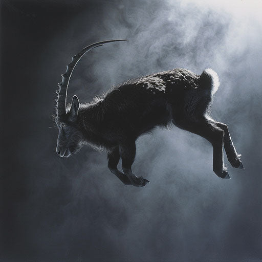 Ibex captured mid-jump, in the style of Tim Flach