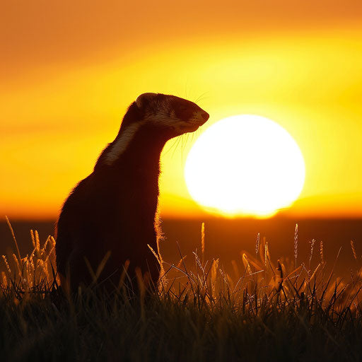 Black-footed ferret silhouette on prairie at sunset