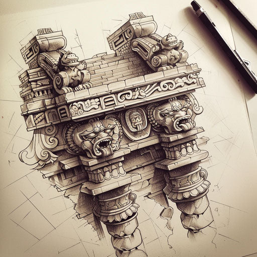 Sketch of a Chicano art Aztec temple tattoo