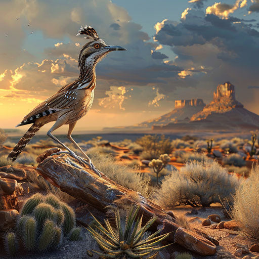 Running bird on road in dramatic desert setting