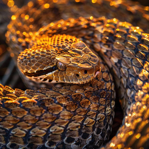 Intricate scales of a massasauga rattlesnake glowing in the golden light of the setting sun