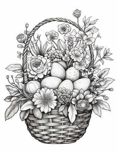 Easter basket coloring page, realistic nature-based patterns