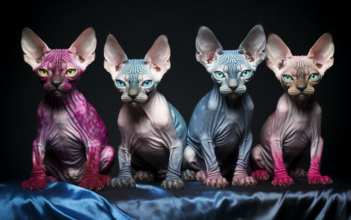 Hairless sphynx cats, light maroon and blue, black and white