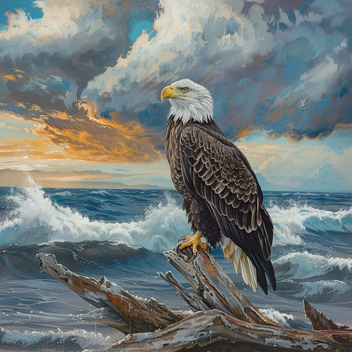 Bald eagle observing from driftwood perch near ocean shore