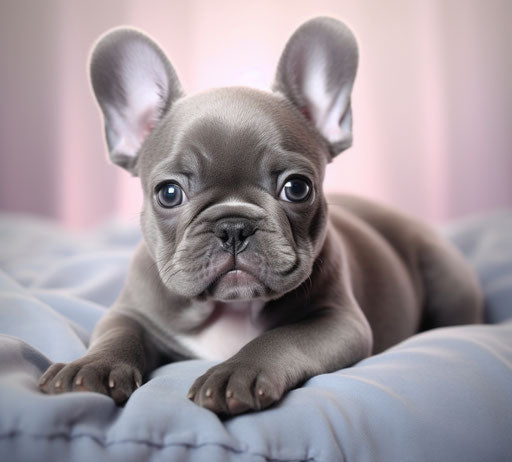 French bulldog puppy with blue eyes in dark silver and light gold style