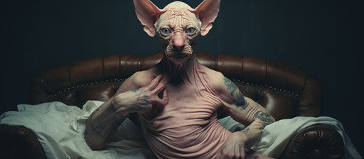 Sphynx cat on owner's lap, disfigured forms, dense textured surface 41:18