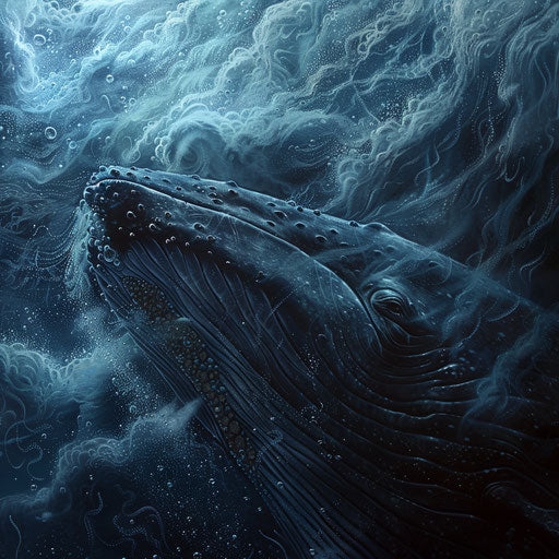 Blue whale swimming in underwater plankton cloud