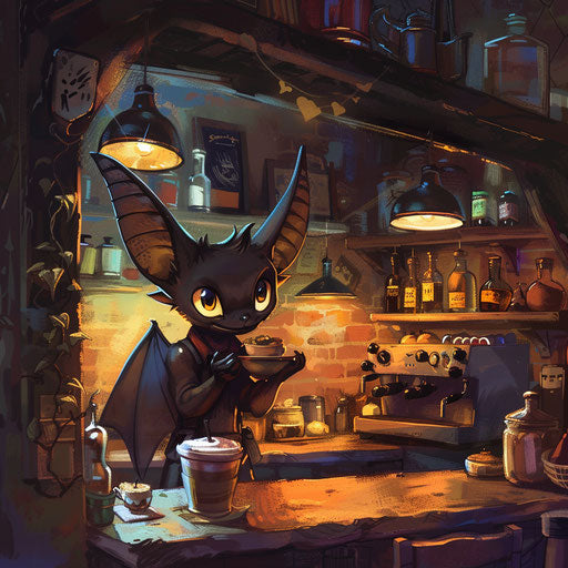 The bat barista in a cozy, dimly-lit café