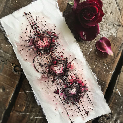 Romantic tattoo sketch of a cross stitch tattoo with heart shapes and deep red and pink hues