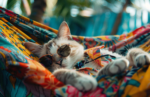 Cat sleeping in hammock with sunglasses and colorful shirt