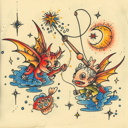 Whimsical flat tattoo sketch of a devil and angel fishing
