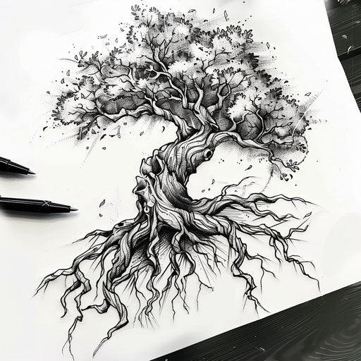 Flat tattoo sketch of a majestic tree with visible roots and detailed bark textures