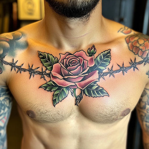 Chest rose tattoo with barbed wire Steve McNiven style