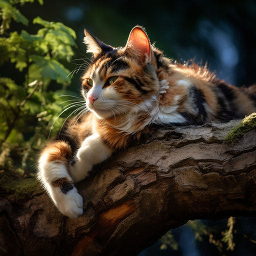 Calico cat lounging on a tree branch