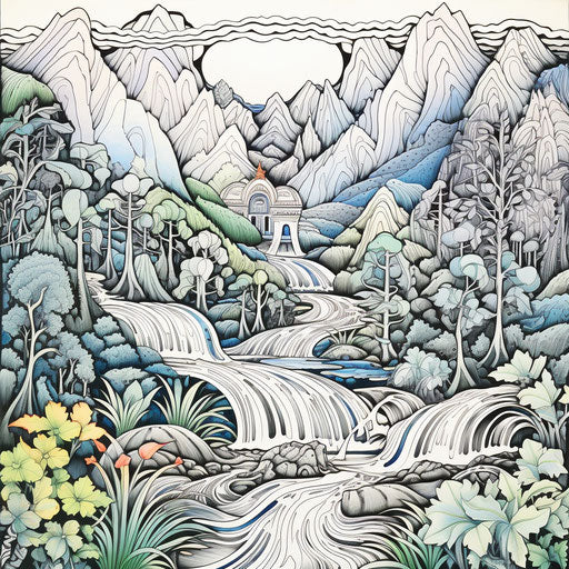 Black and white landscape of mountains, waterfall, valley, and lake