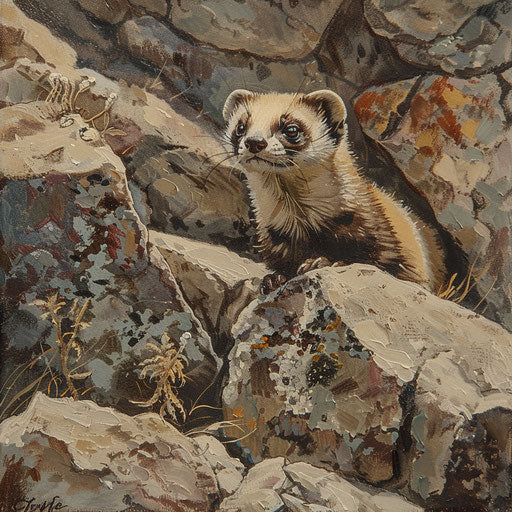 A black-footed ferret navigating a rocky terrain in search of food