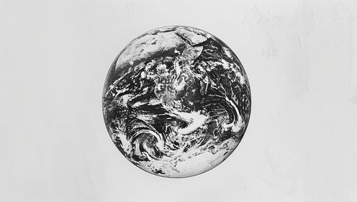 Earth drawing in academic style, black and white, traditional craft