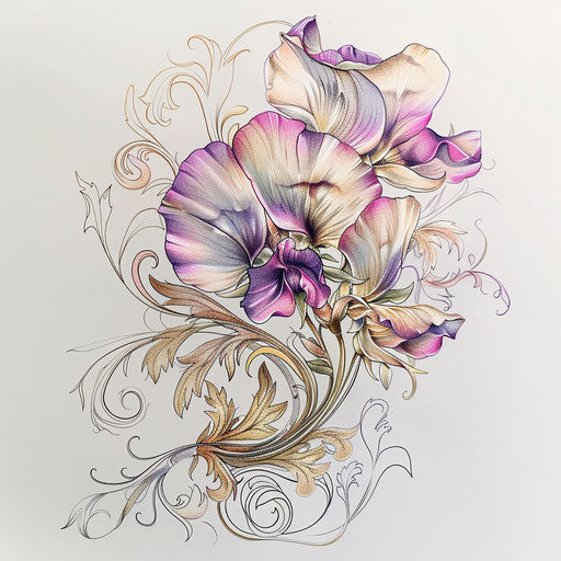 Rococo inspired sweet pea tattoo sketch with ornate details in gold and soft pinks palette