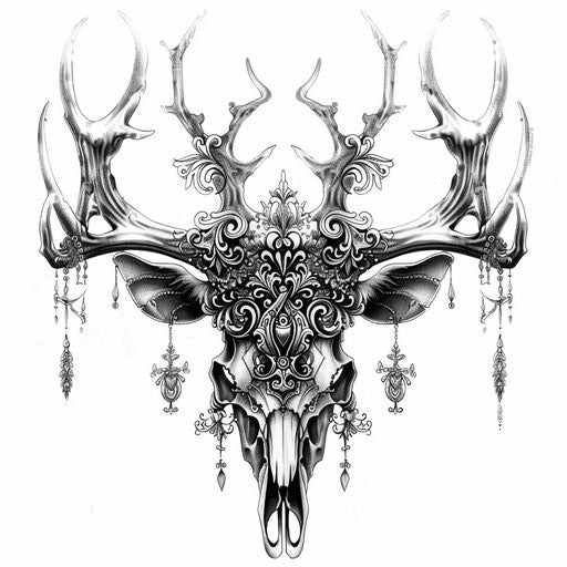 Ornamental deer skull tattoo with delicate lace on white background