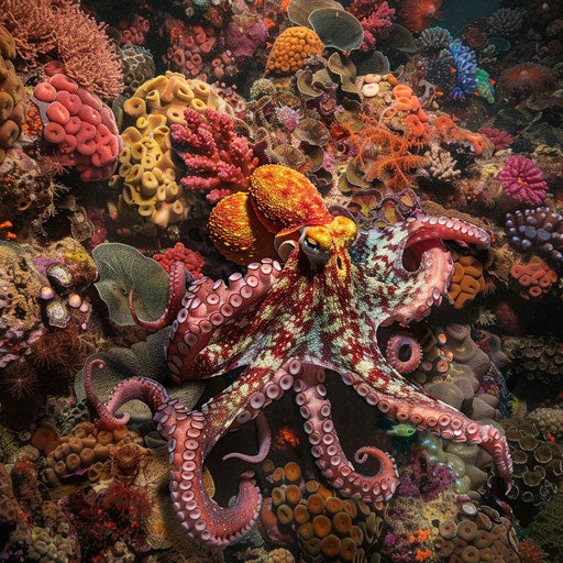 Octopus blending into coral reefs
