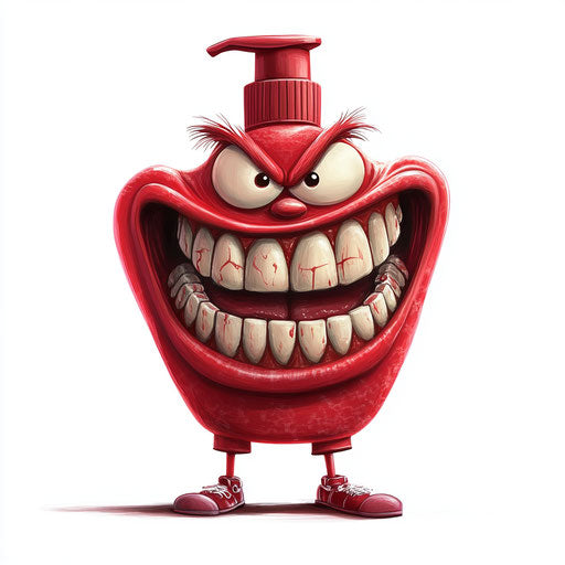 Humorous caricature of a shampoo with human characteristics