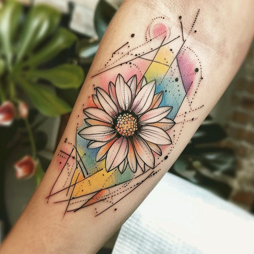 Geometric aster flower tattoo sketch in pastel colors