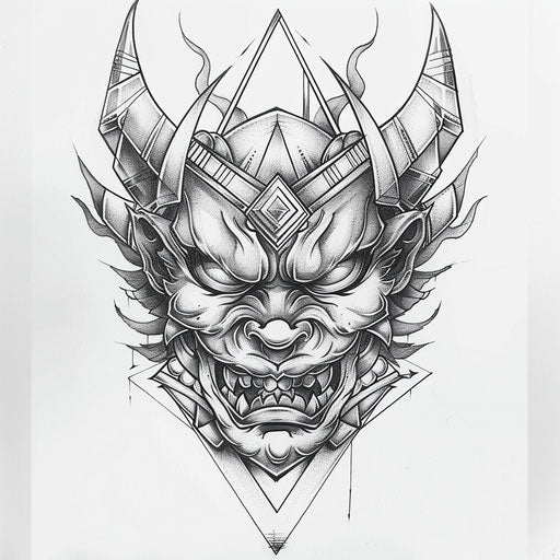 Geometric oni tattoo design, blending traditional imagery with modern shapes, on white backdrop