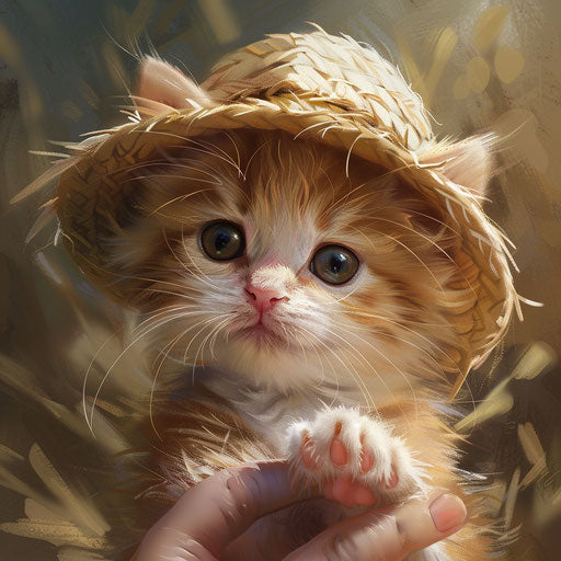 A kitten in a straw hat held by a white finger