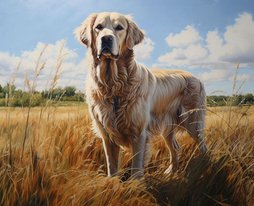 Golden retriever standing in an icy field