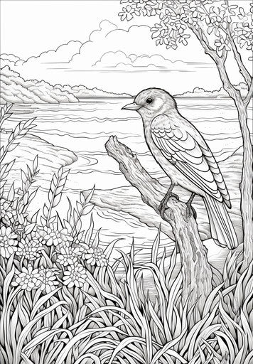 Adult coloring page birds, detailed marine views style