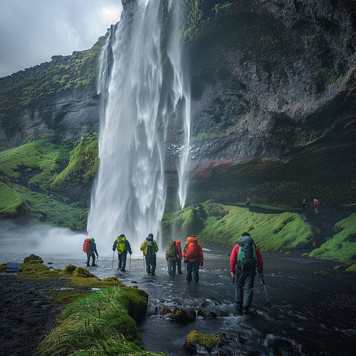 Seljalandsfoss Waterfall, Iceland, with adventurous hikers