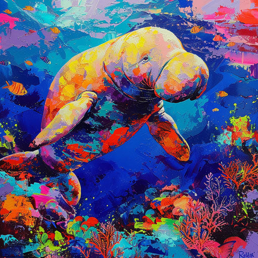 Dugong with a vibrant and colorful reef backdrop